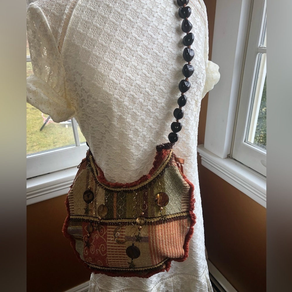 Handmade Boho hippy Fringe Bag with new & recycled fabric kukiu nuts,moon,stars - Picture 7 of 17